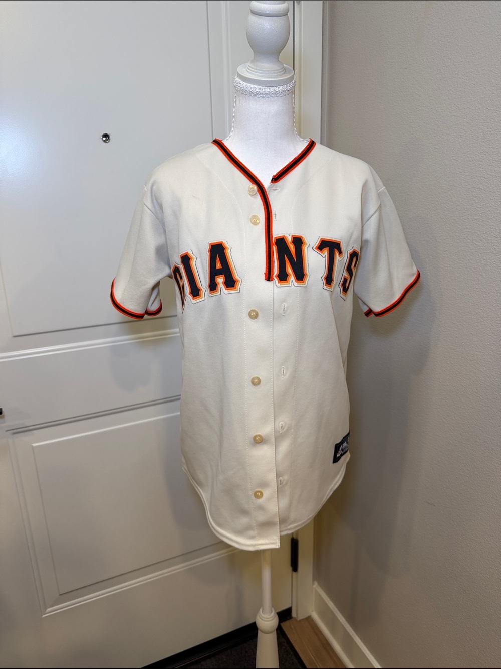 Majestic SF Giants Buster Posey#28 Button Jersey with Orange & Black Trim